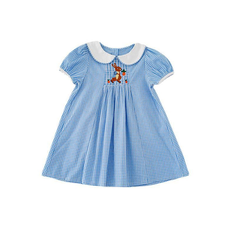 MyKids-USA® Baby Kids Girls Short Sleeves Rabbit Embroidery Plaid Dress