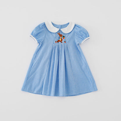 MyKids-USA® Baby Kids Girls Short Sleeves Rabbit Embroidery Plaid Dress
