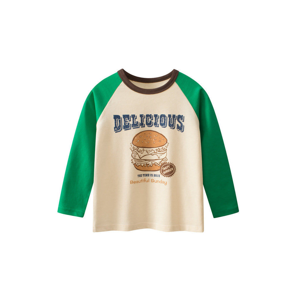 MyKids-USA® Kids Girls Cartoon Print Crew Neck Long Sleeves Color Patchwork Top