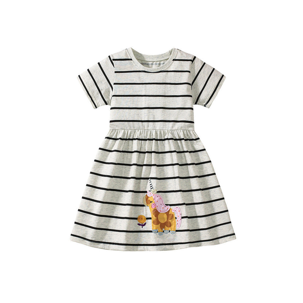 MyKids-USA® Striped Dress for Girls, European and American Cute Animals Cartoon Pattern Dress