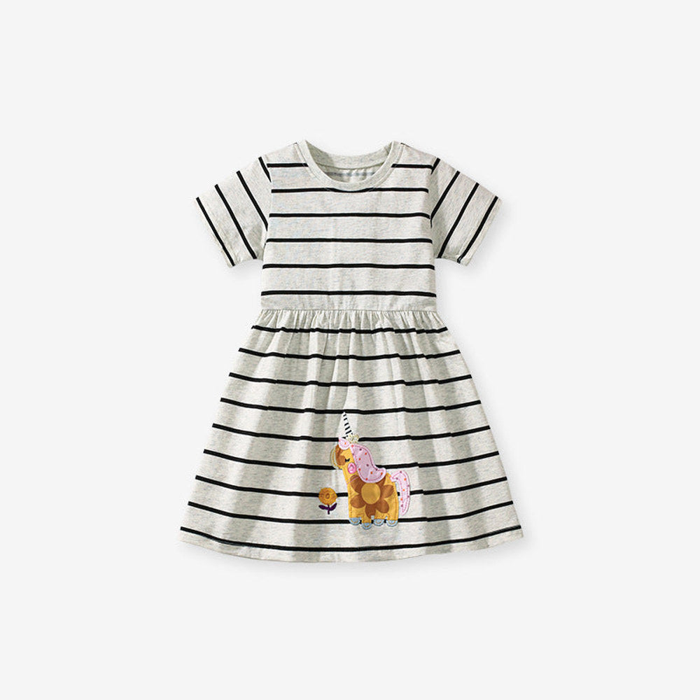 MyKids-USA® Striped Dress for Girls, European and American Cute Animals Cartoon Pattern Dress