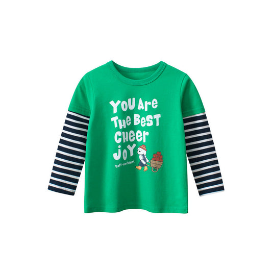 MyKids-USA® Kids Girls Cartoon Print Crew Neck Striped Long Sleeves Color Patchwork Top