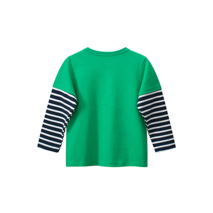 MyKids-USA® Kids Girls Cartoon Print Crew Neck Striped Long Sleeves Color Patchwork Top