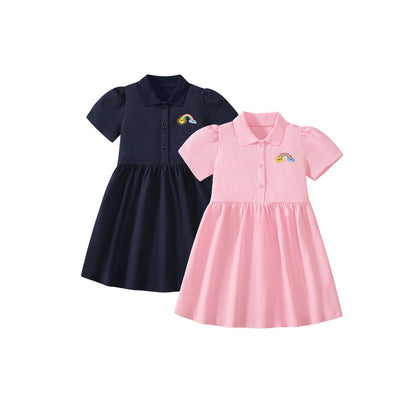 MyKids-USA® Polo Style Dress for Girls, European and American Cute Rainbow Embroidery Pattern Dress