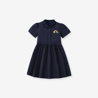 MyKids-USA® Polo Style Dress for Girls, European and American Cute Rainbow Embroidery Pattern Dress