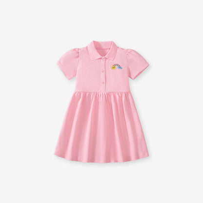 MyKids-USA® Polo Style Dress for Girls, European and American Cute Rainbow Embroidery Pattern Dress