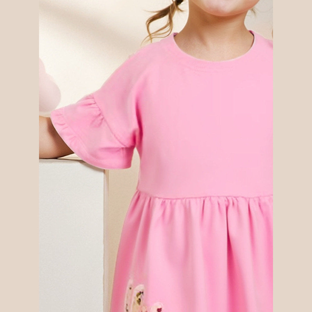 MyKids-USA® Summer Pink Dress for Girls, European and American Cute Animals Cartoon Pattern Dress