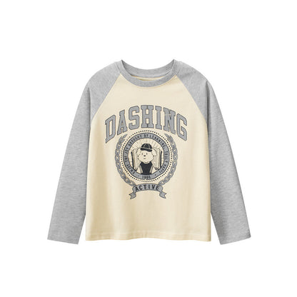MyKids-USA® Kids Cartoon Print Crew Neck Long Sleeves Color Patchwork Top
