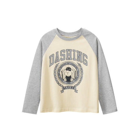 MyKids-USA® Kids Cartoon Print Crew Neck Long Sleeves Color Patchwork Top