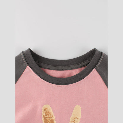 MyKids-USA® Kids Girls Cartoon Print Crew Neck Long Sleeves Color Patchwork Top