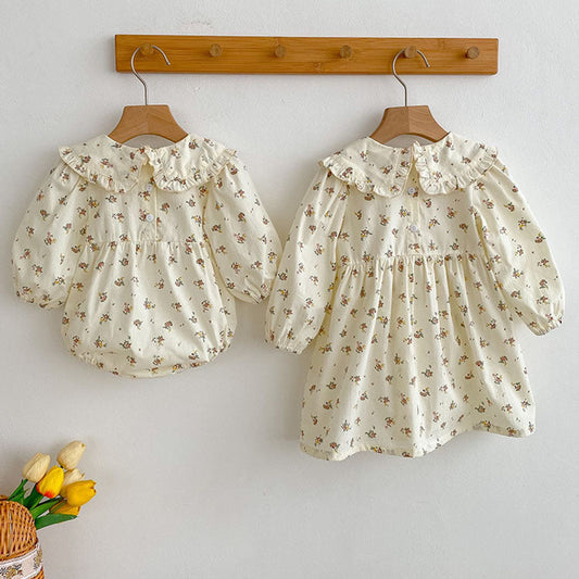 MyKids-USA® Baby Girls French-style Floral Long-sleeved bodysuit and Dress – Princess Sister Matching Set