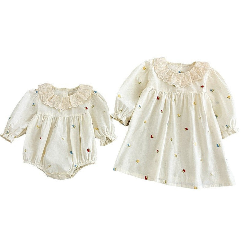 MyKids-USA® Baby Girls Floral and Fruits Embroidery Pattern Long-sleeved bodysuit or Dress – Princess Sister Matching