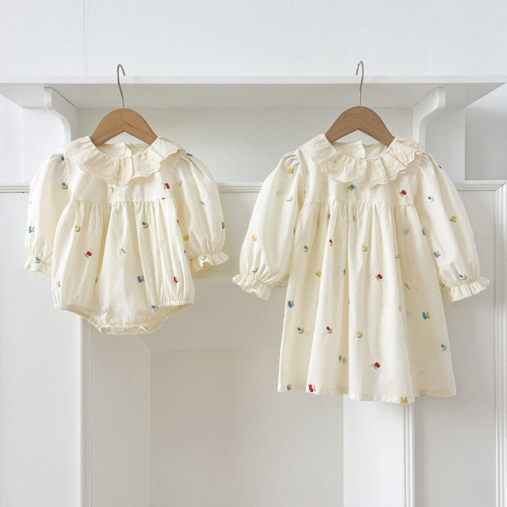 MyKids-USA® Baby Girls Floral and Fruits Embroidery Pattern Long-sleeved bodysuit or Dress – Princess Sister Matching