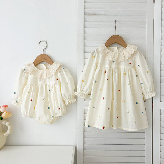 MyKids-USA® Baby Girls Floral and Fruits Embroidery Pattern Long-sleeved bodysuit and Dress – Princess Sister Matching Set