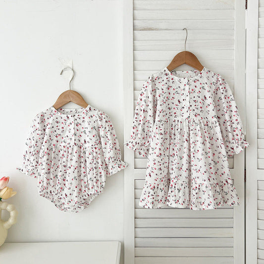 MyKids-USA® Baby Girls French-style Floral Print Long-sleeved bodysuit and Dress – Princess Sister Matching Set