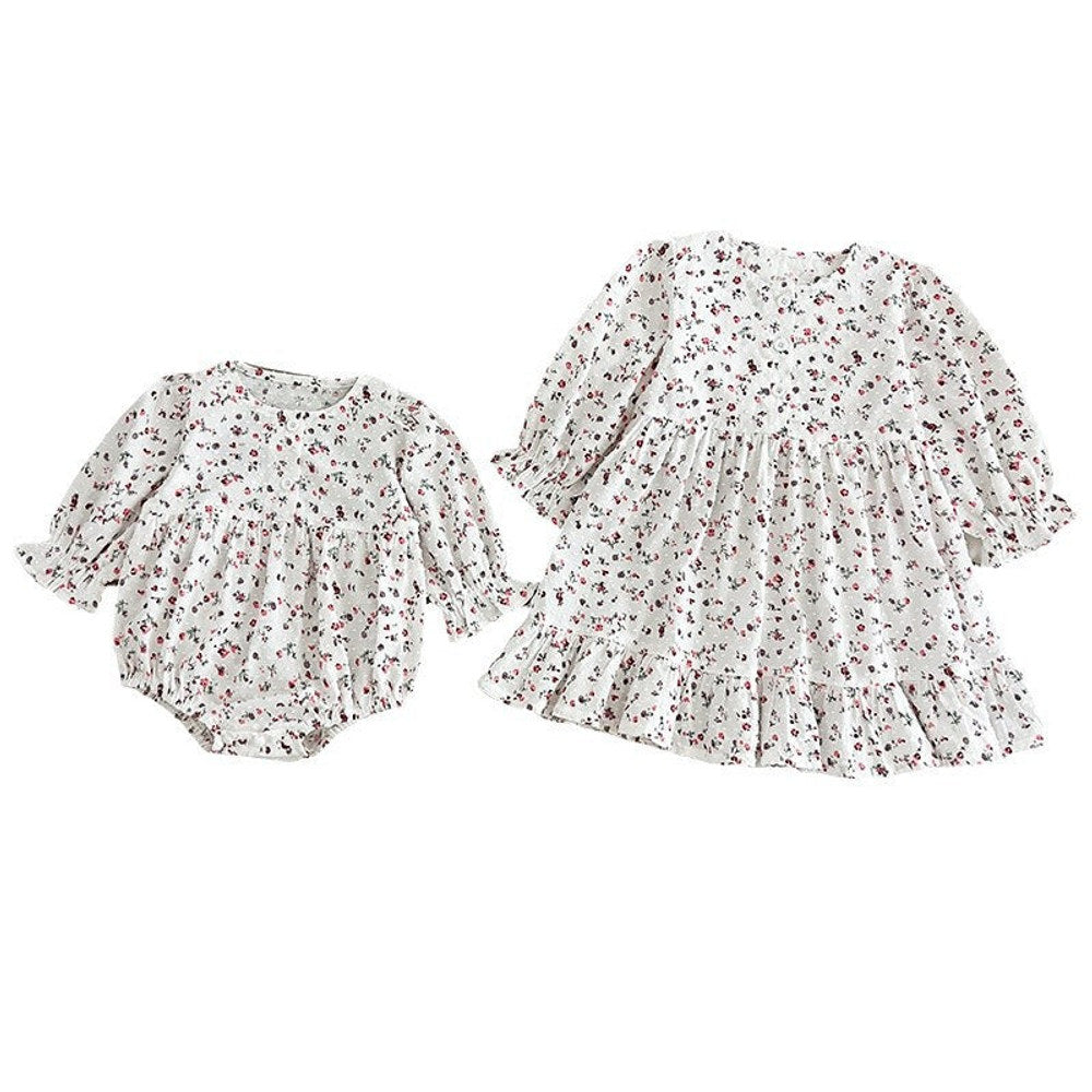MyKids-USA® Baby Girls French-style Floral Print Long-sleeved bodysuit or Dress – Princess Sister Matching