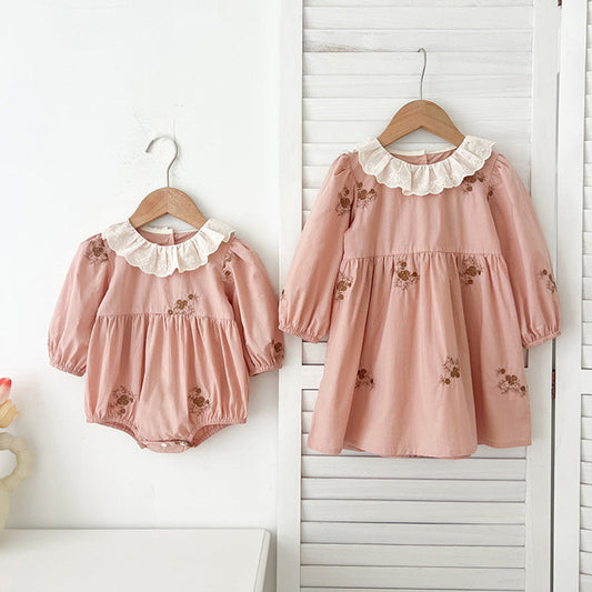 MyKids-USA® Baby Girls Floral Embroidery Pattern Long-sleeved bodysuit and Dress – Princess Sister Matching Set