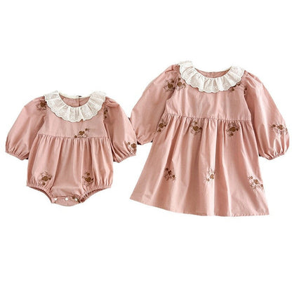 MyKids-USA® Baby Girls Floral Embroidery Pattern Long-sleeved bodysuit and Dress – Princess Sister Matching Set