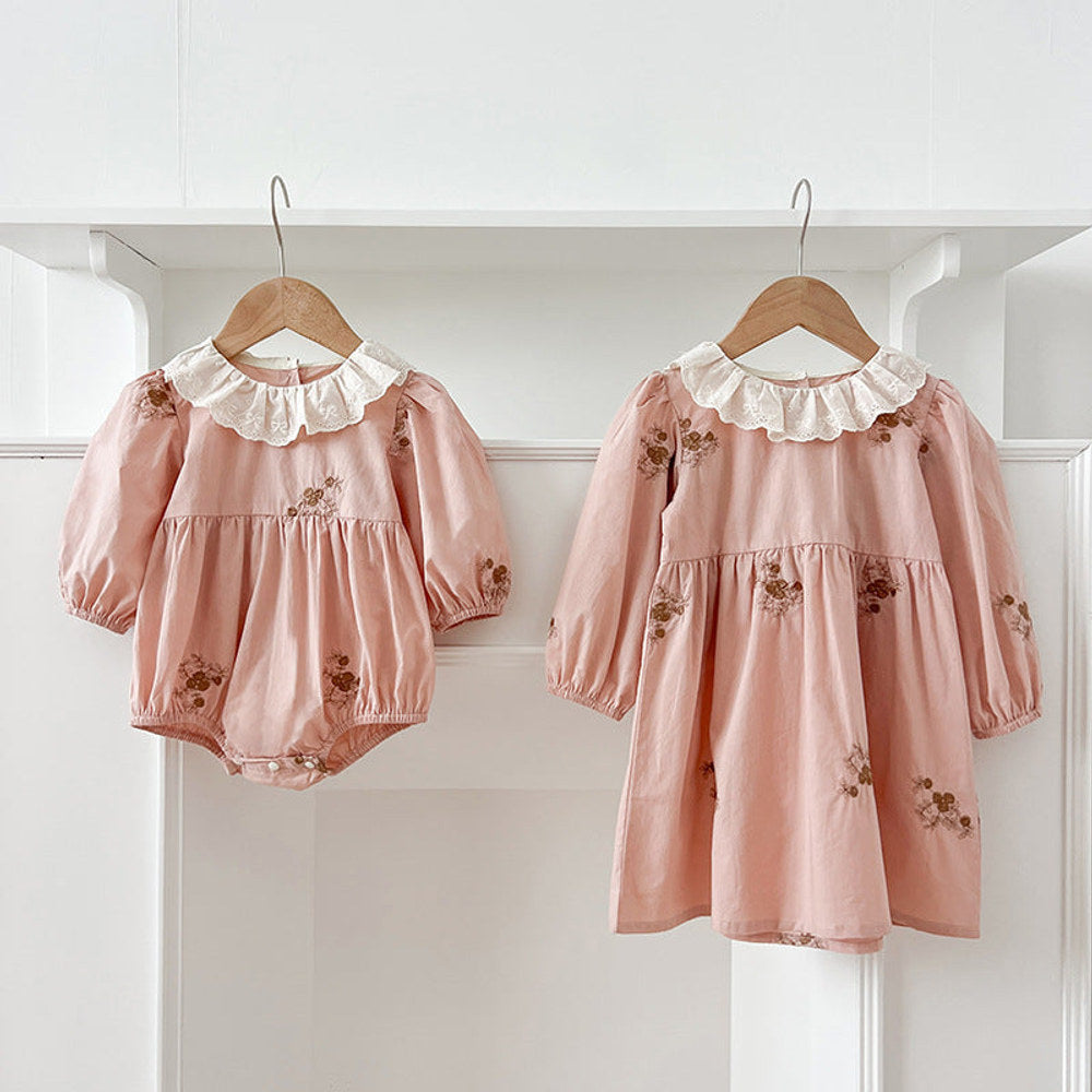 MyKids-USA® Baby Girls Floral Embroidery Pattern Long-sleeved bodysuit and Dress – Princess Sister Matching Set