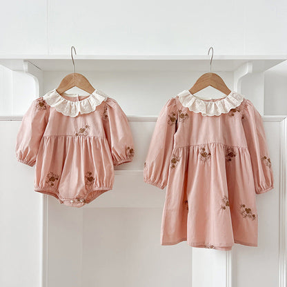 MyKids-USA® Baby Girls Floral Embroidery Pattern Long-sleeved bodysuit and Dress – Princess Sister Matching Set