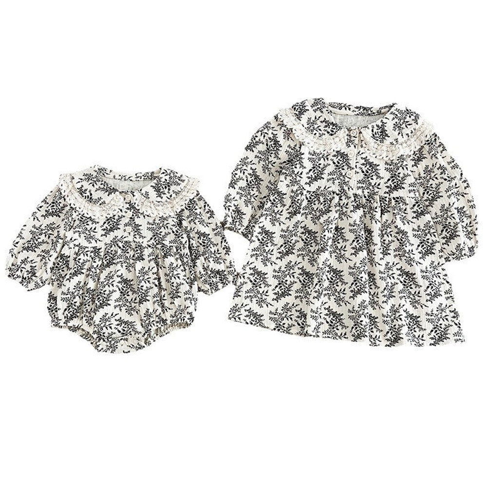 MyKids-USA® Baby Girls French-style Floral Print Long-sleeved bodysuit or Dress – Princess Sister Matching