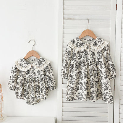 MyKids-USA® Baby Girls French-style Floral Print Long-sleeved bodysuit or Dress – Princess Sister Matching