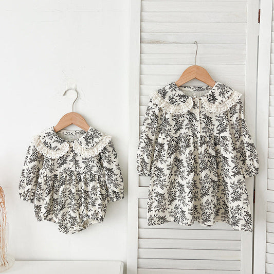 MyKids-USA® Baby Girls French-style Floral Print Long-sleeved bodysuit and Dress – Princess Sister Matching Set