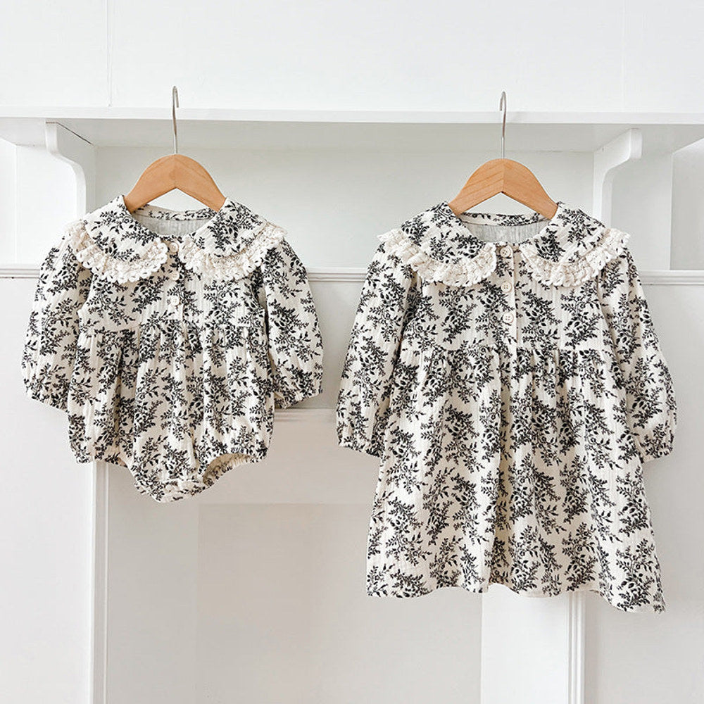 MyKids-USA® Baby Girls French-style Floral Print Long-sleeved bodysuit or Dress – Princess Sister Matching