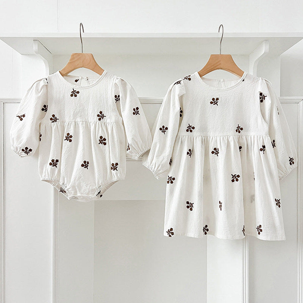 MyKids-USA® Baby Girls Floral Embroidery Pattern Long-sleeved bodysuit or Dress – Princess Sister Matching
