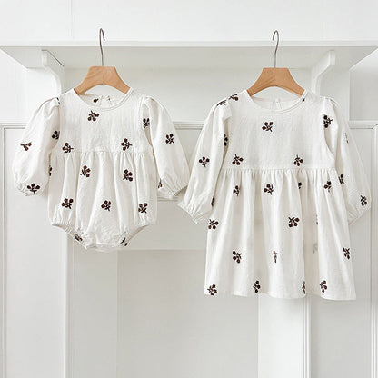 MyKids-USA® Baby Girls Floral Embroidery Pattern Long-sleeved bodysuit or Dress – Princess Sister Matching