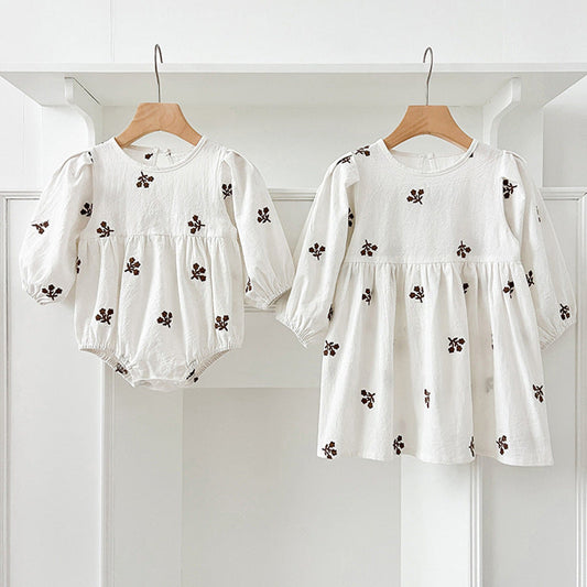 MyKids-USA® Baby Girls Floral Embroidery Pattern Long-sleeved bodysuit and Dress – Princess Sister Matching Set