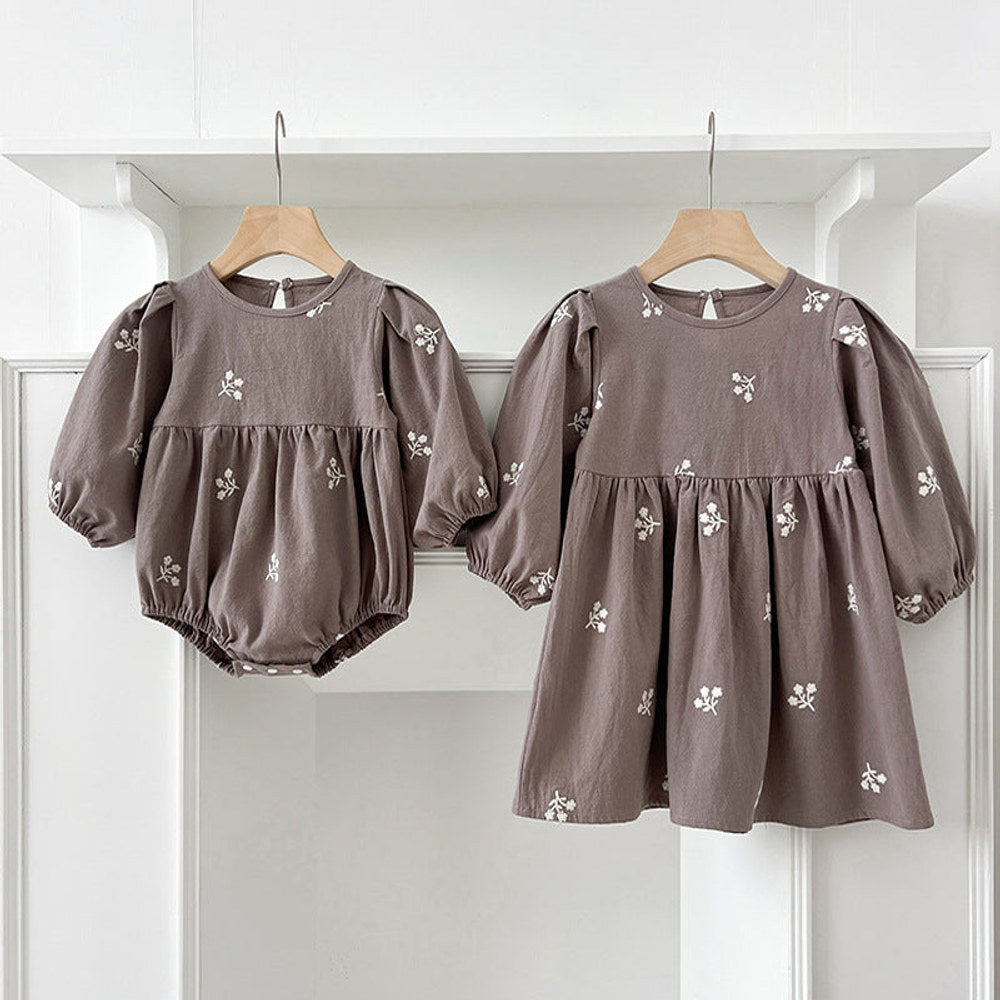 MyKids-USA® Baby Girls Floral Embroidery Pattern Long-sleeved bodysuit or Dress – Princess Sister Matching