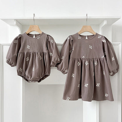 MyKids-USA® Baby Girls Floral Embroidery Pattern Long-sleeved bodysuit or Dress – Princess Sister Matching