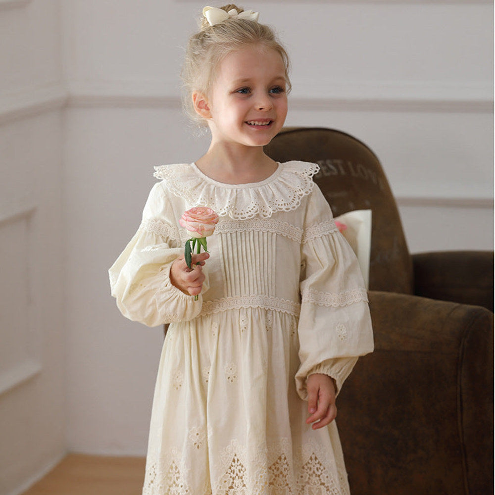 MyKids-USA® Solid Color Long-sleeved Dress with Lace Collar for Stylish Girls