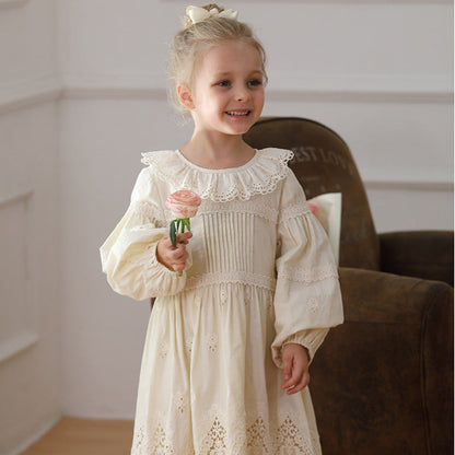 MyKids-USA® Solid Color Long-sleeved Dress with Lace Collar for Stylish Girls