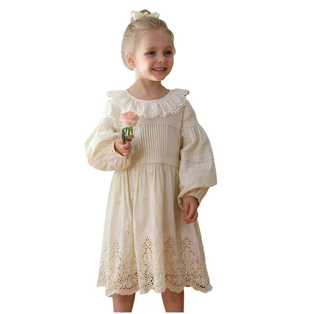 MyKids-USA® Solid Color Long-sleeved Dress with Lace Collar for Stylish Girls
