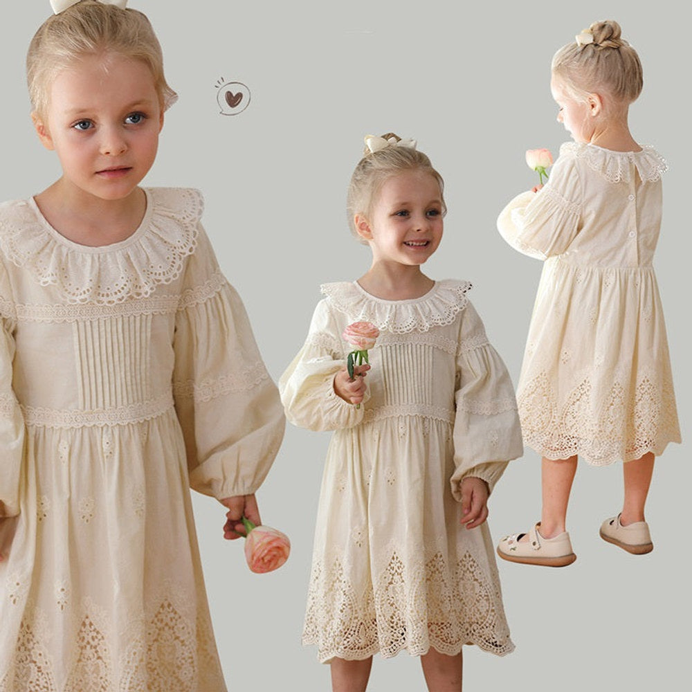 MyKids-USA® Solid Color Long-sleeved Dress with Lace Collar for Stylish Girls
