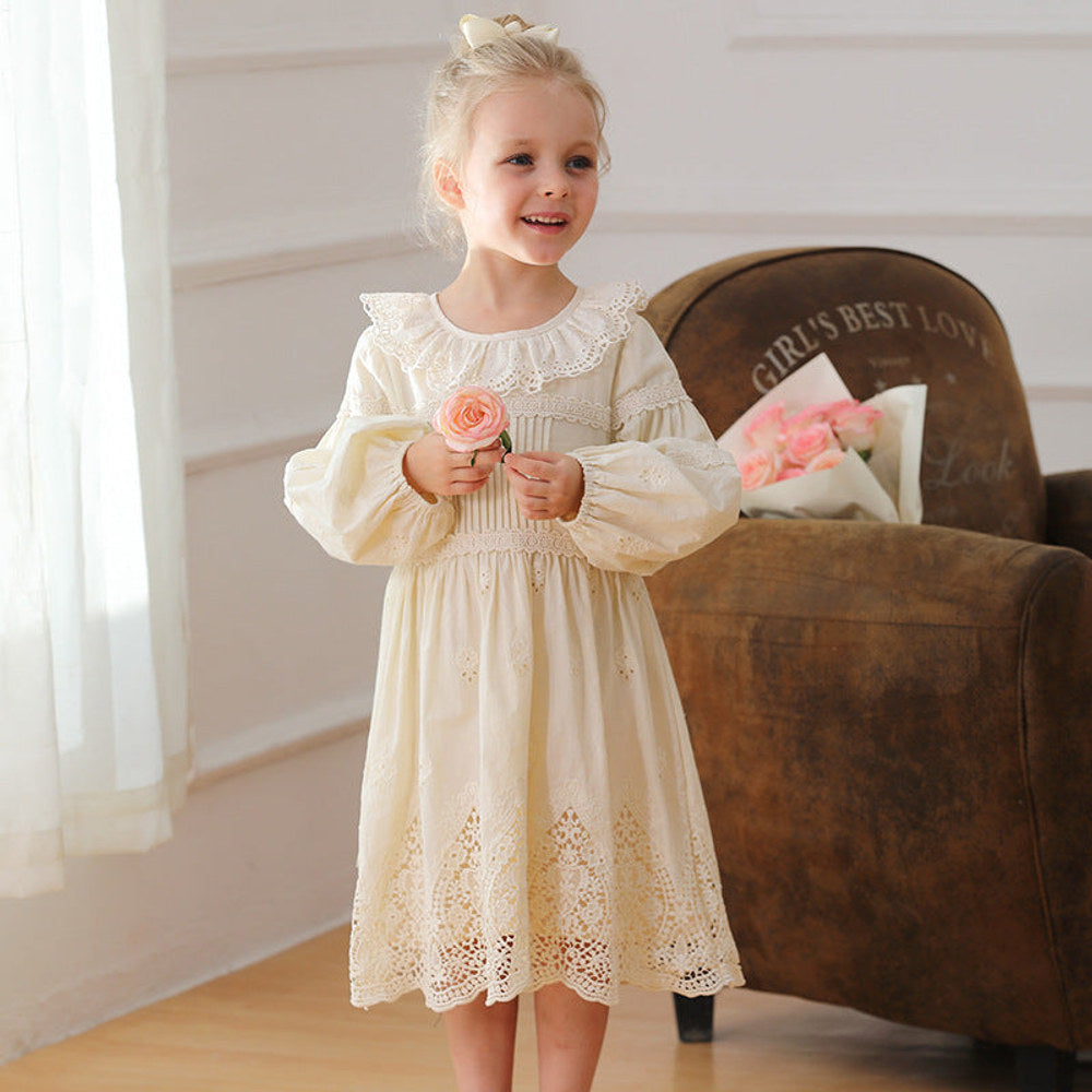 MyKids-USA® Solid Color Long-sleeved Dress with Lace Collar for Stylish Girls