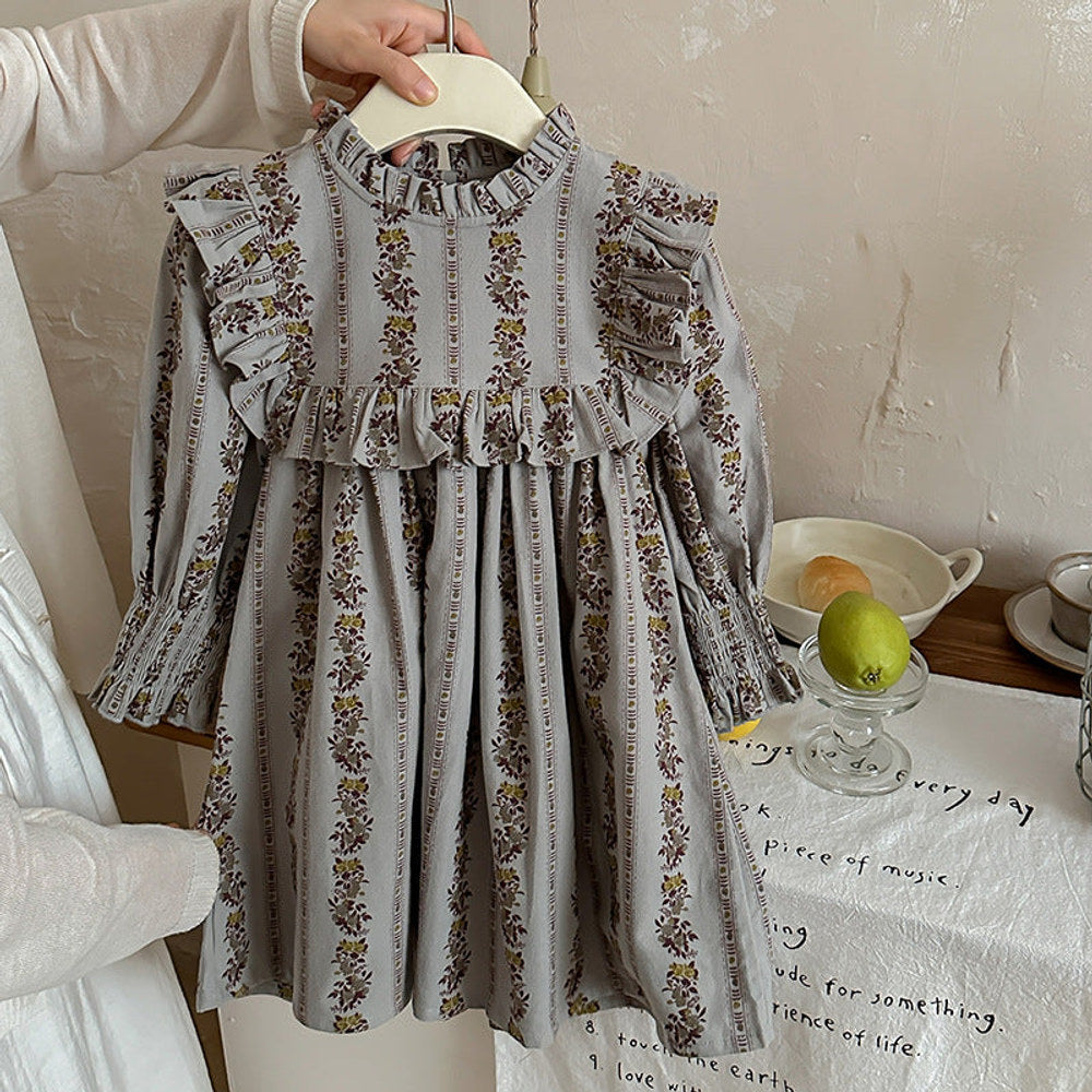 MyKids-USA® French Print Ruffle Stand Collar Long-sleeved Dress for Stylish Girls
