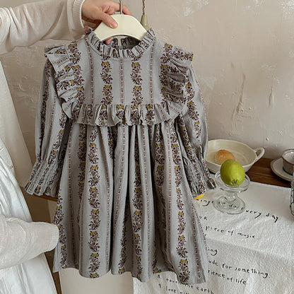MyKids-USA® French Print Ruffle Stand Collar Long-sleeved Dress for Stylish Girls