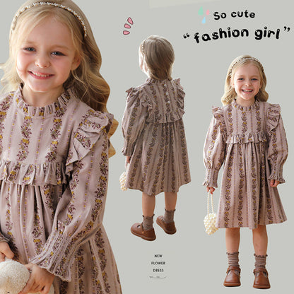 MyKids-USA® French Print Ruffle Stand Collar Long-sleeved Dress for Stylish Girls