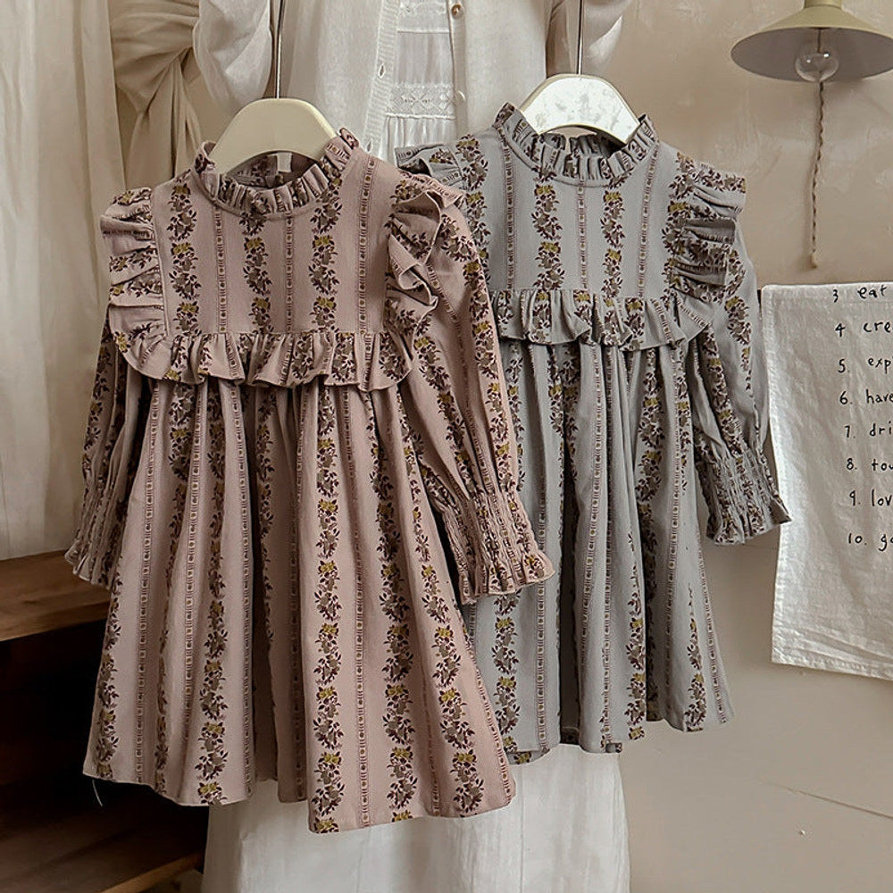 MyKids-USA® French Print Ruffle Stand Collar Long-sleeved Dress for Stylish Girls