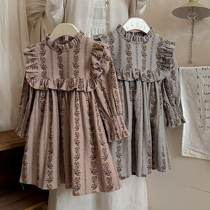 MyKids-USA® French Print Ruffle Stand Collar Long-sleeved Dress for Stylish Girls