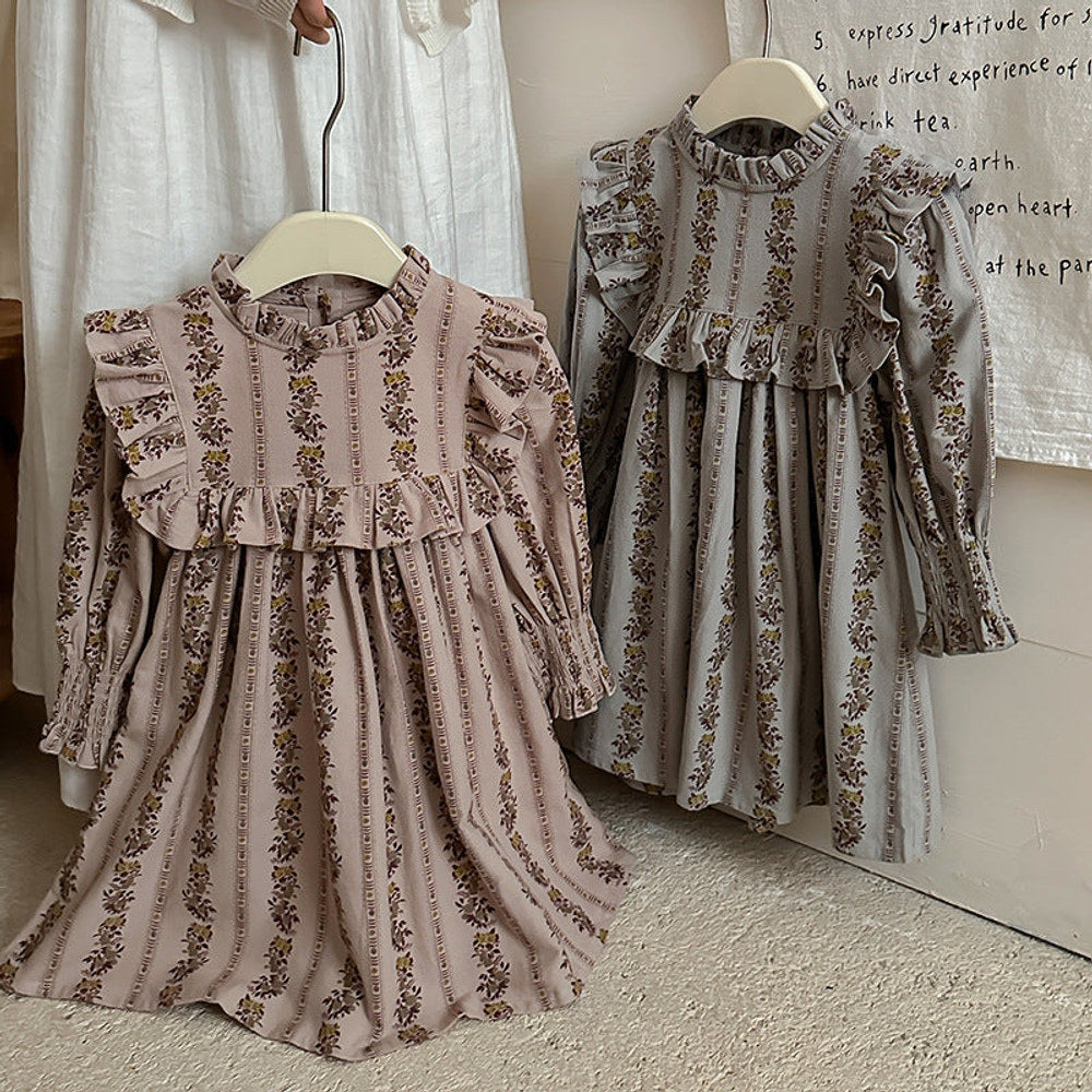 MyKids-USA® French Print Ruffle Stand Collar Long-sleeved Dress for Stylish Girls