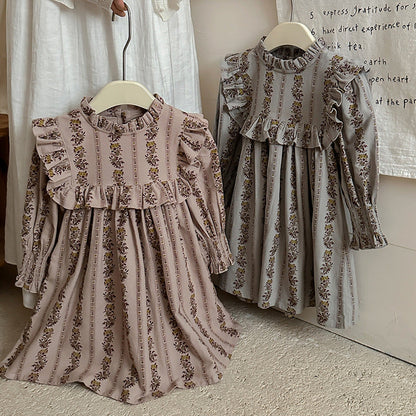 MyKids-USA® French Print Ruffle Stand Collar Long-sleeved Dress for Stylish Girls