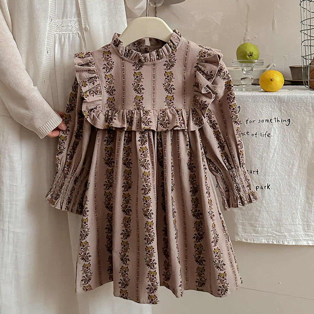 MyKids-USA® French Print Ruffle Stand Collar Long-sleeved Dress for Stylish Girls