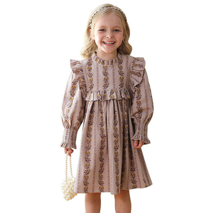 MyKids-USA® French Print Ruffle Stand Collar Long-sleeved Dress for Stylish Girls