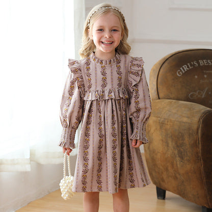 MyKids-USA® French Print Ruffle Stand Collar Long-sleeved Dress for Stylish Girls