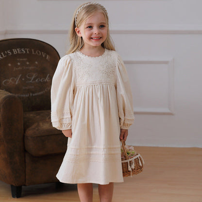 MyKids-USA® Solid Color Floral Pattern Long-sleeved Dress for Stylish Girls