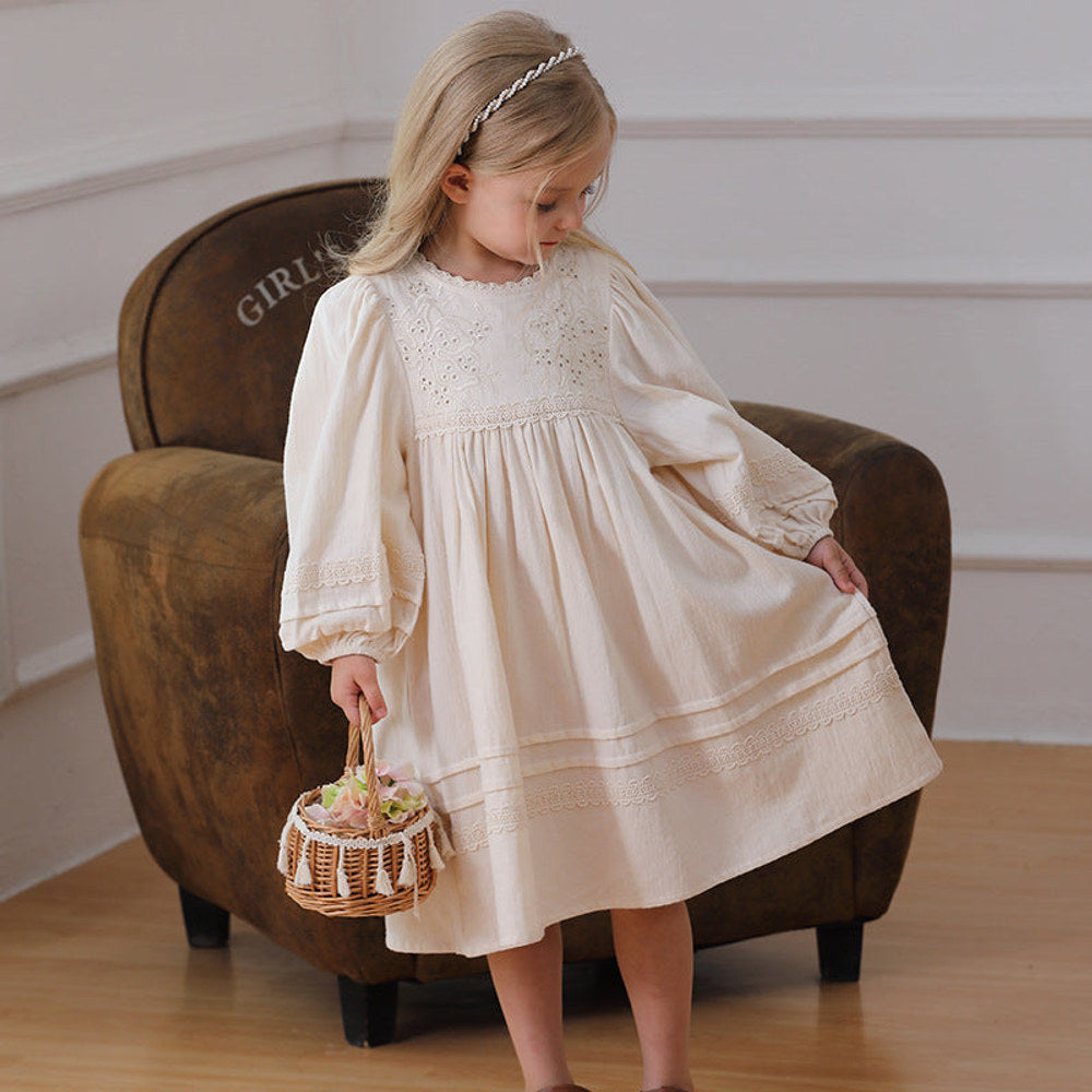 MyKids-USA® Solid Color Floral Pattern Long-sleeved Dress for Stylish Girls